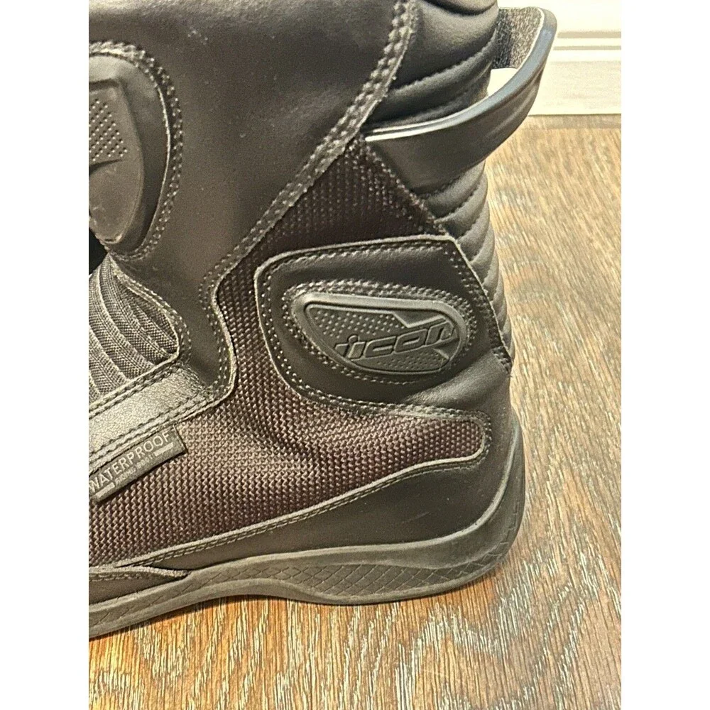 Icon Reign Black Leather Waterproof Side Zip Motorcycle Boot Women Size 9 EUC